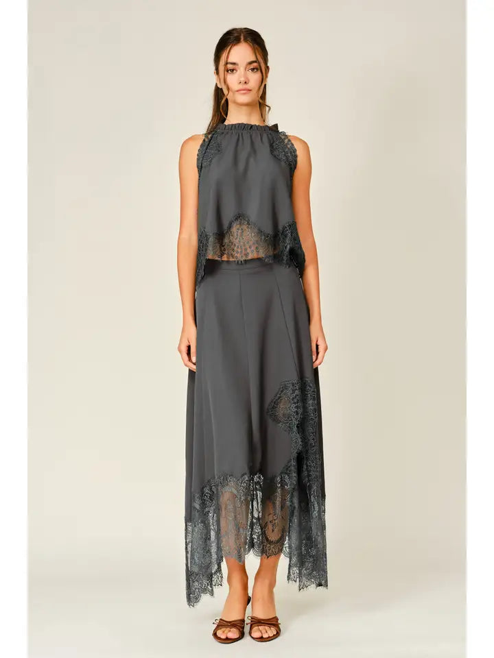 Lace Trim Ruffle Neck Blouse Top - Grey