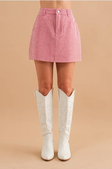 Studded Denim Mini Skirt - Hot Pink