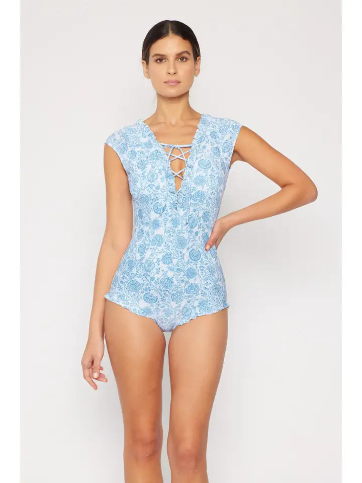 V Neck String Ruffle Swimsuit - Thistle