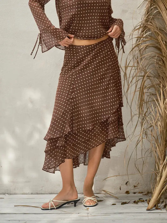 Polka Dot Tiered Skirt - Brown