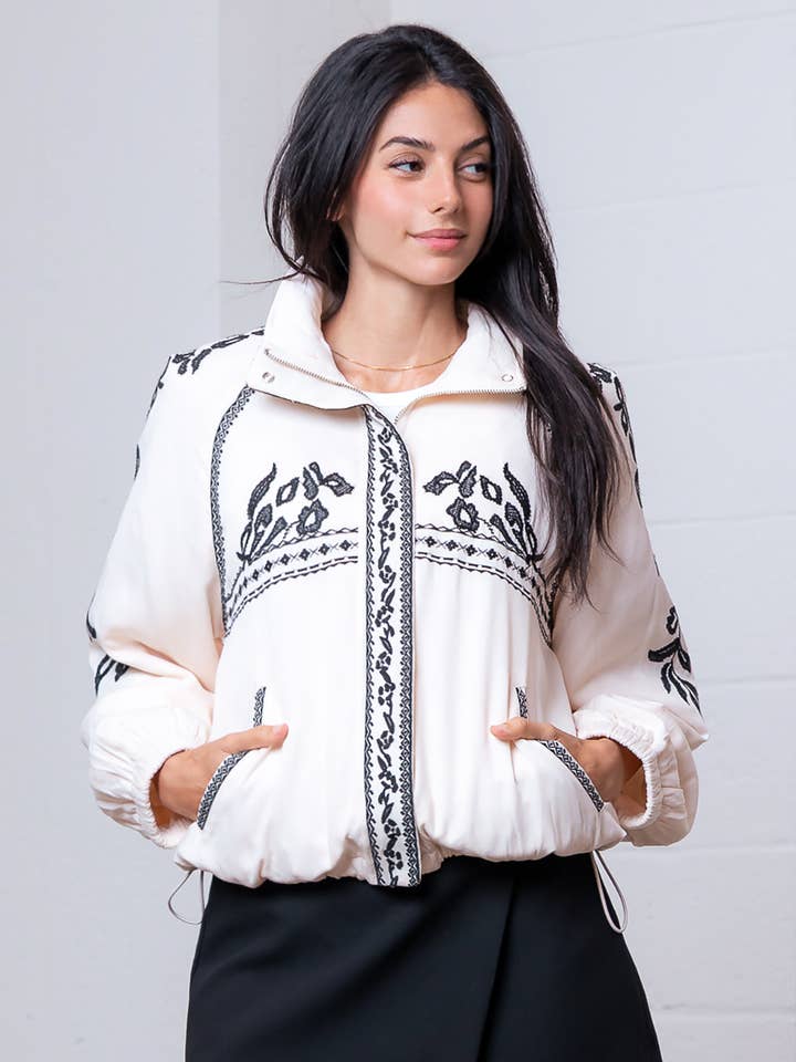 Embroidered Zip Jacket - Taupe