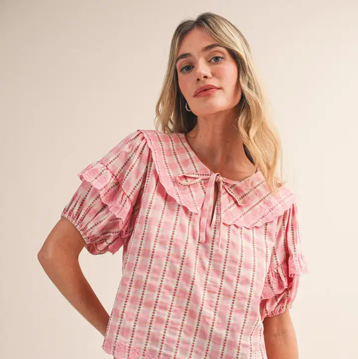 Embroidered Doll Collar Top - Pink Gingham