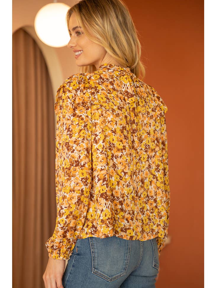 Ruffle Front Floral Top - Mustard