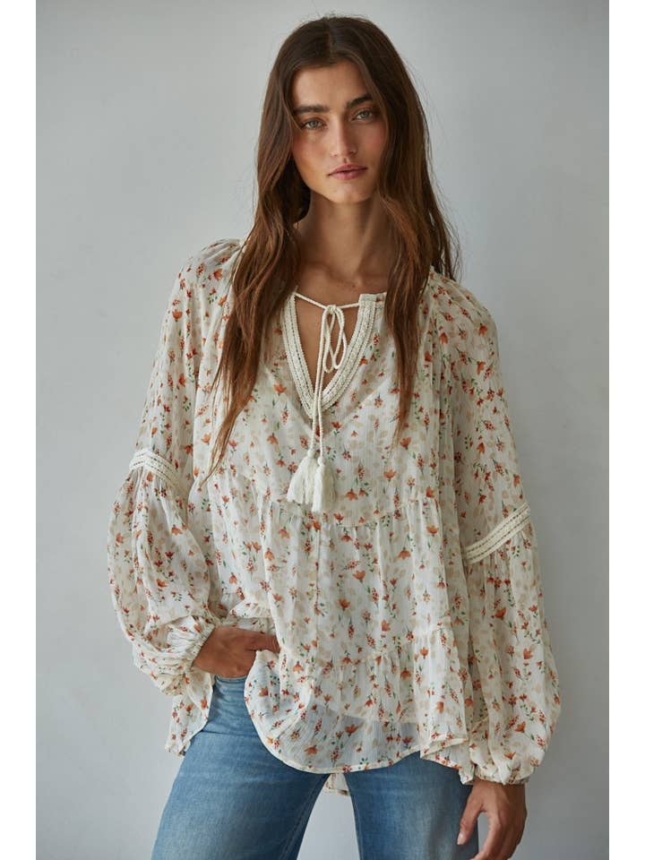 Floral Print Wide Neck Top - Ivory Multi