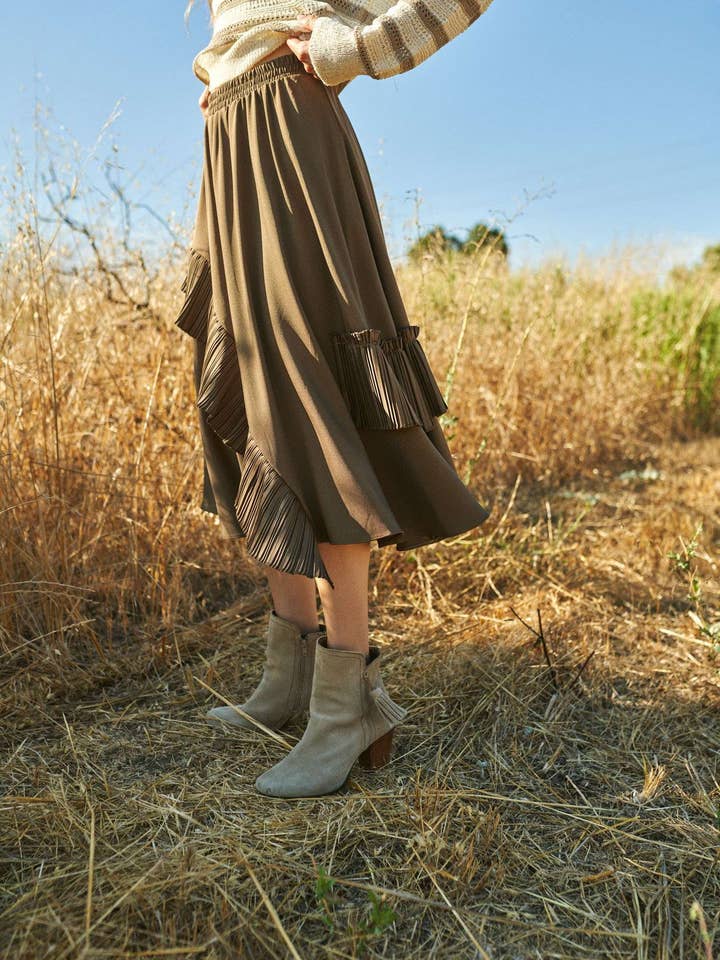 Ruffle Midi Skirt - Olive Brown