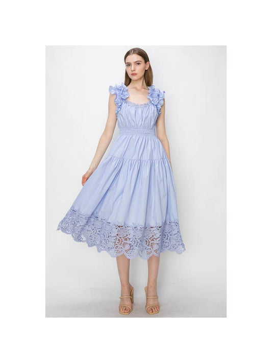 Ruffle Sleeve Midi Dress - Blue
