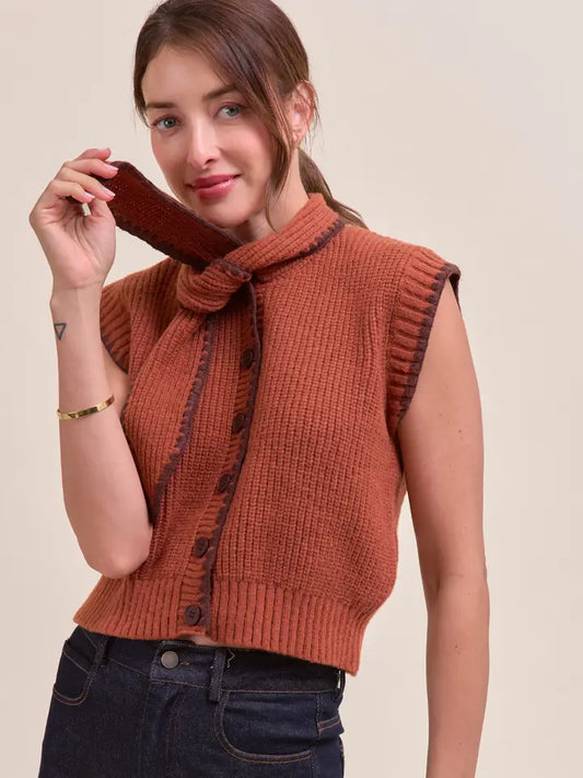 Tie Neck Sweater Vest - Caramel Brown