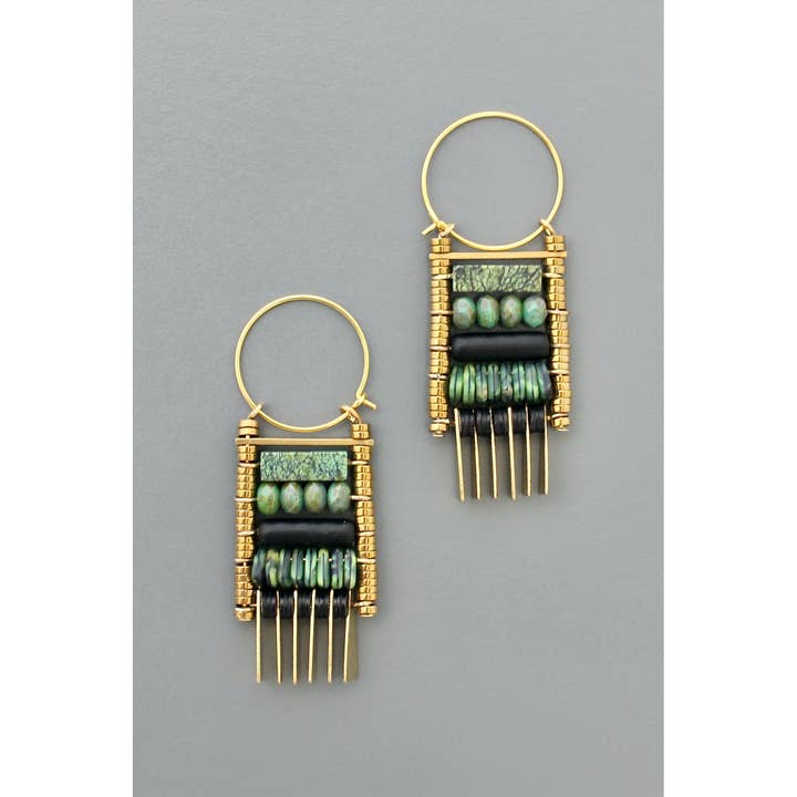 Green Stone Fringe Hoop Earrings