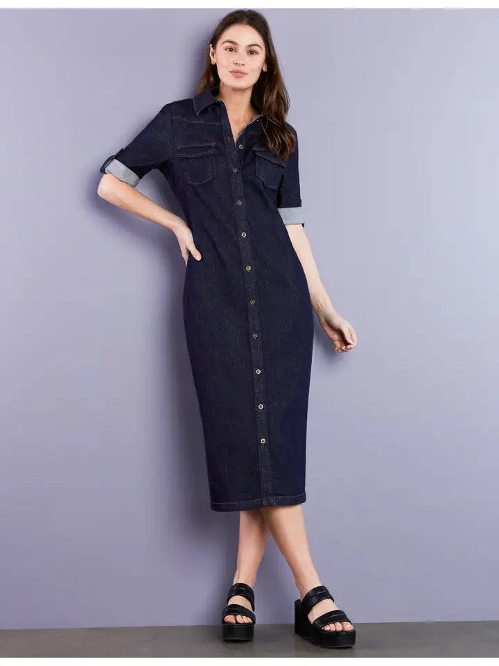 Denim Midi Shirtdress - Dark Indigo