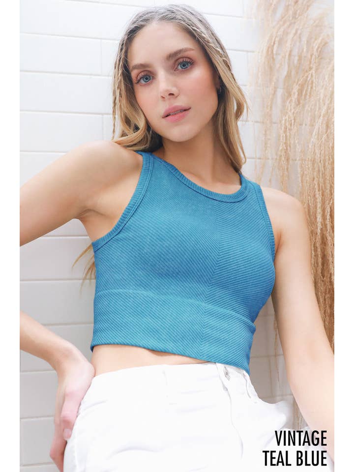 Chevron Highneck Crop Top - Vintage Teal Blue