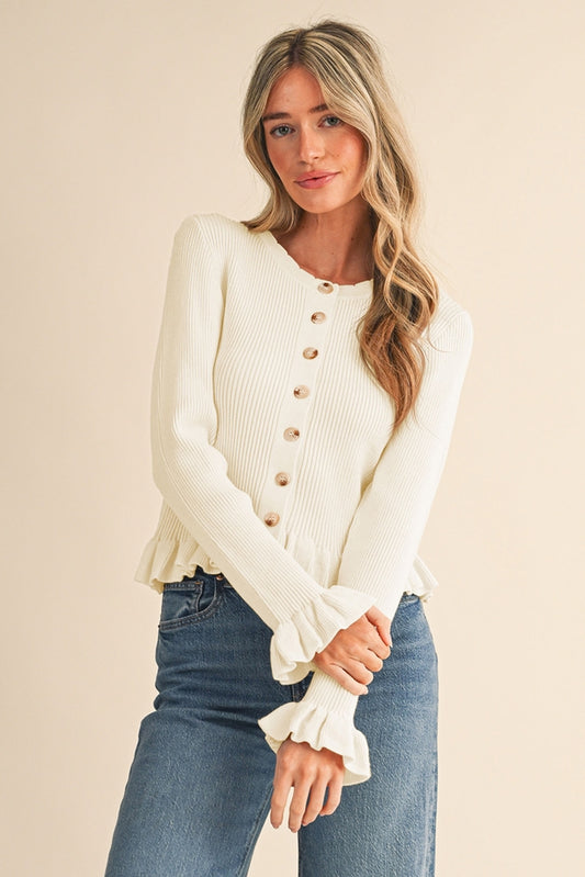 Ruffle Hem Ribbed Cardigan - Cloud Dancer