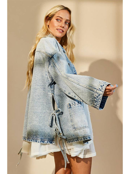 Side Tie Oversized Denim Jacket - Light