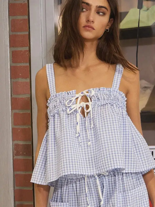 Seersucker Gingham Tank Top - Blue