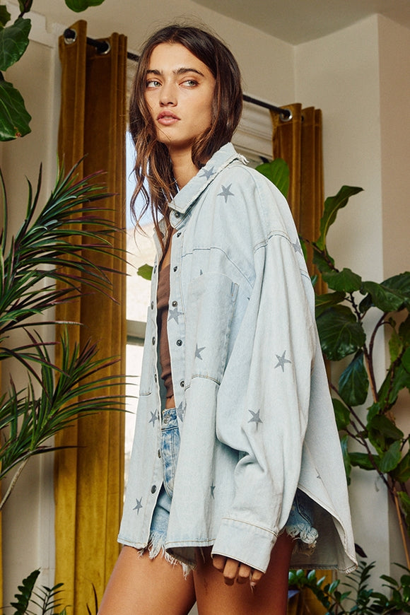 Star Printed Denim Shacket - Light Denim