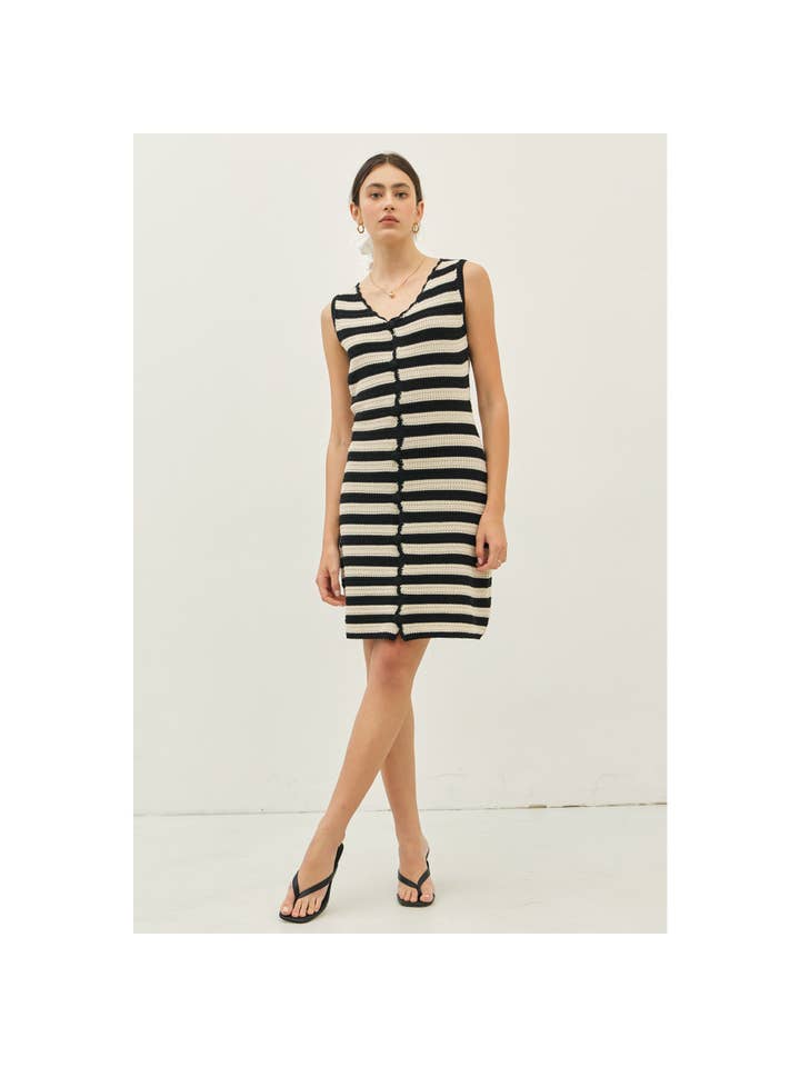Striped Crochet Mini Dress - Natural/Black