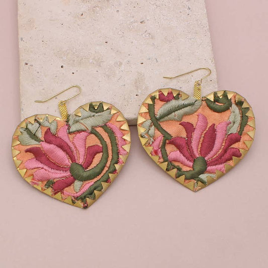 Embroidered Earrings - Pink Heart Crimped