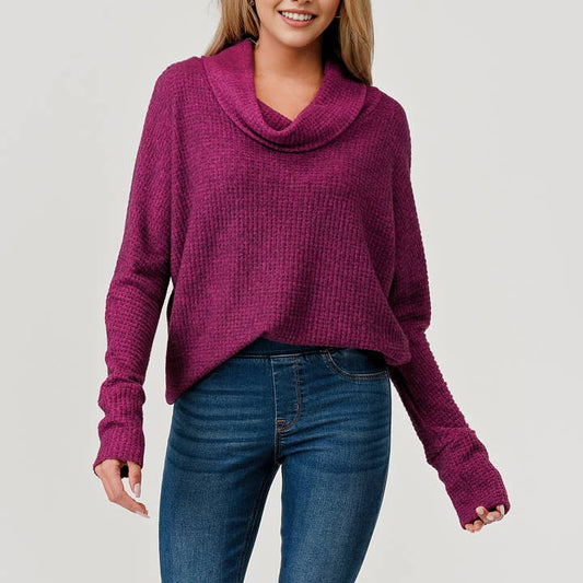 Brushed Knit Cowl Neck Tunic Top - Majenta