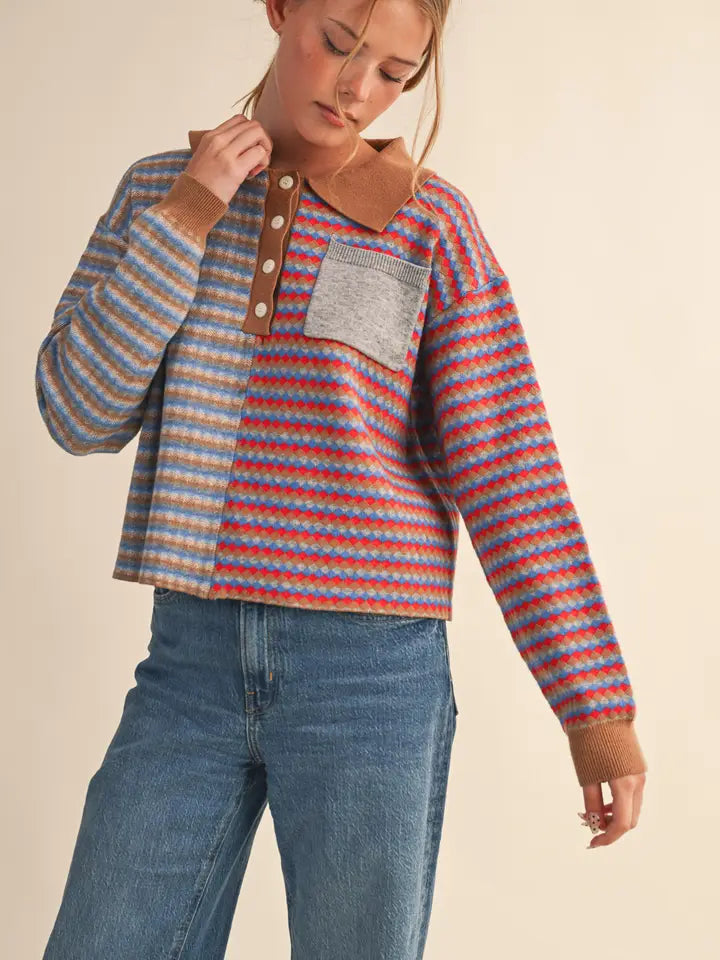 Stripe Collared Sweater - Camel Red Multi