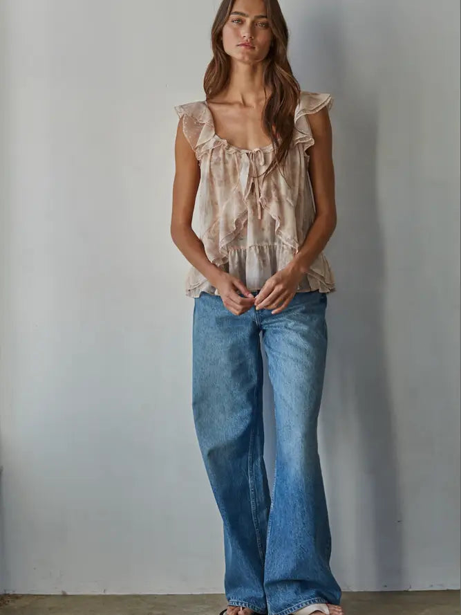 Floral Ruffle V-Neck Top - Rose Taupe