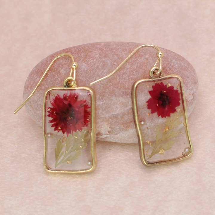 Dried Floral Earrings - Cottage Red Rectangle