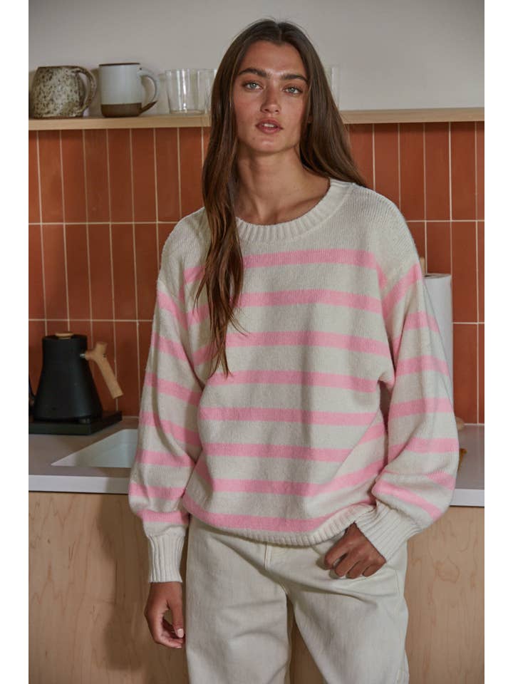 Davis Striped Sweater - Ivory Pink