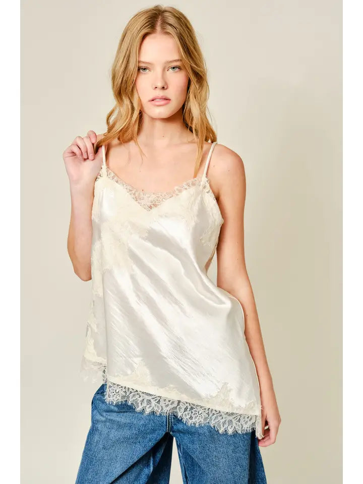 Cut Out Satin Lace Top - Champagne