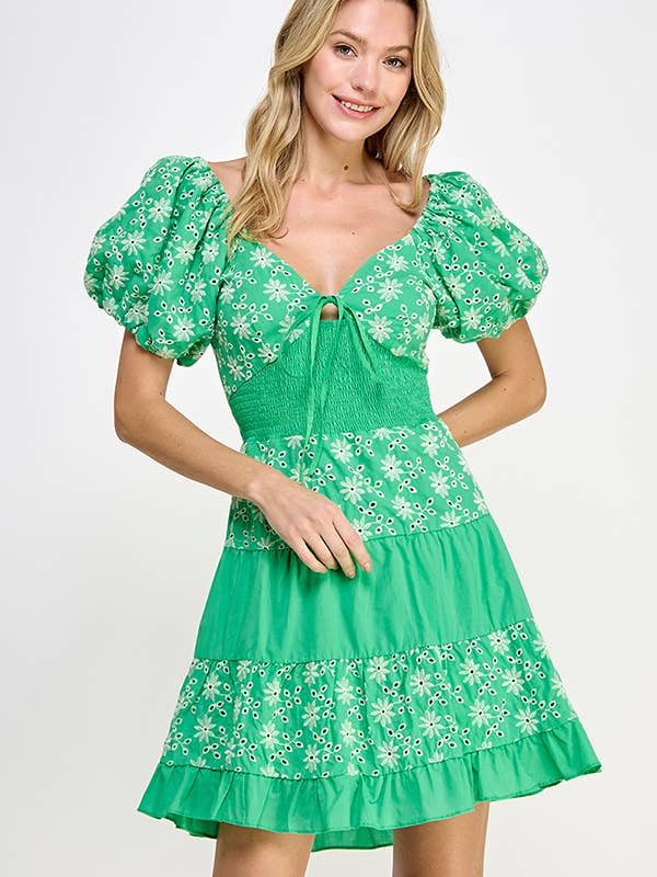 Tiered Eyelet Mini Dress - Green