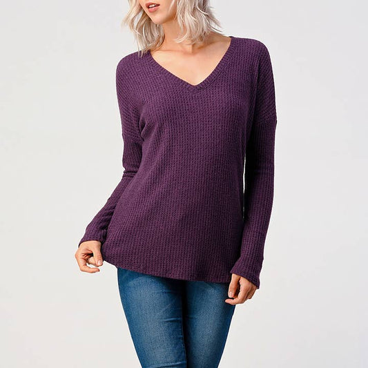 V-Neck Brushed Knit Top - Eggplant