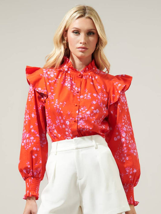 Ibis Ruffle Blouse - Red Floral