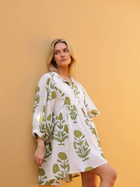 Taj Mini Dress - Green Flower