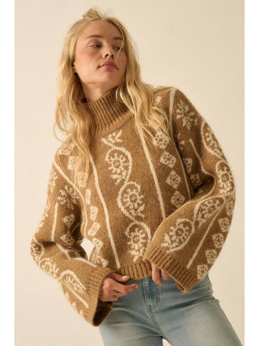 Abstract Floral Mock-Neck Sweater - Taupe