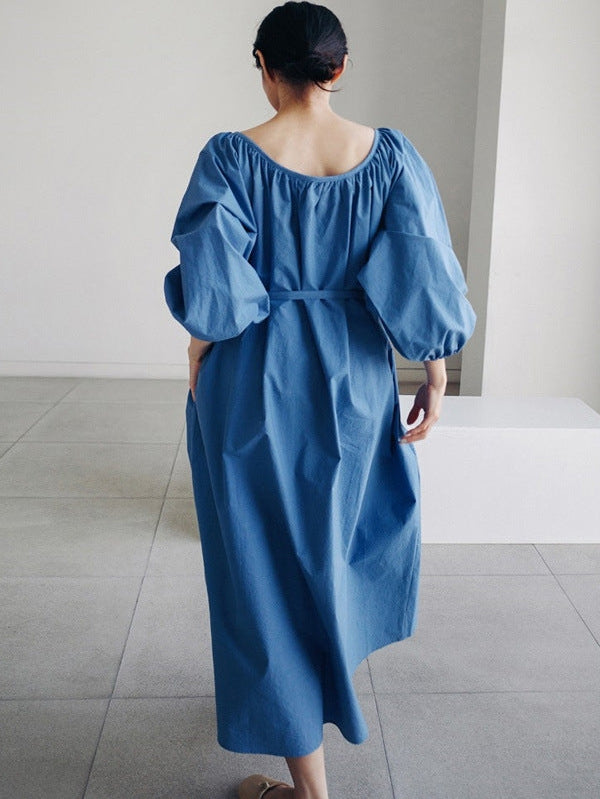 Pleated Puff Midi Dress - Blue