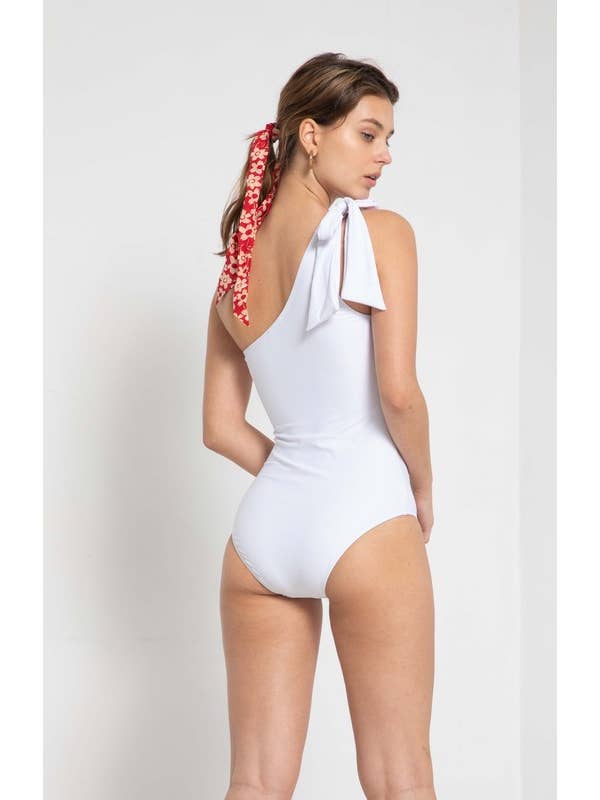 One-Off Shoulder Tie Swimsuit - White