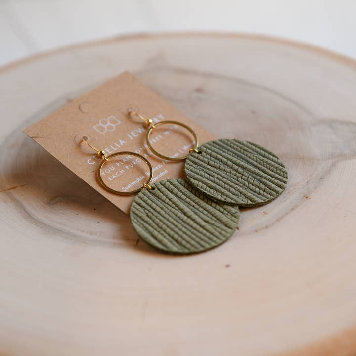 Round Leather Earring - Sage
