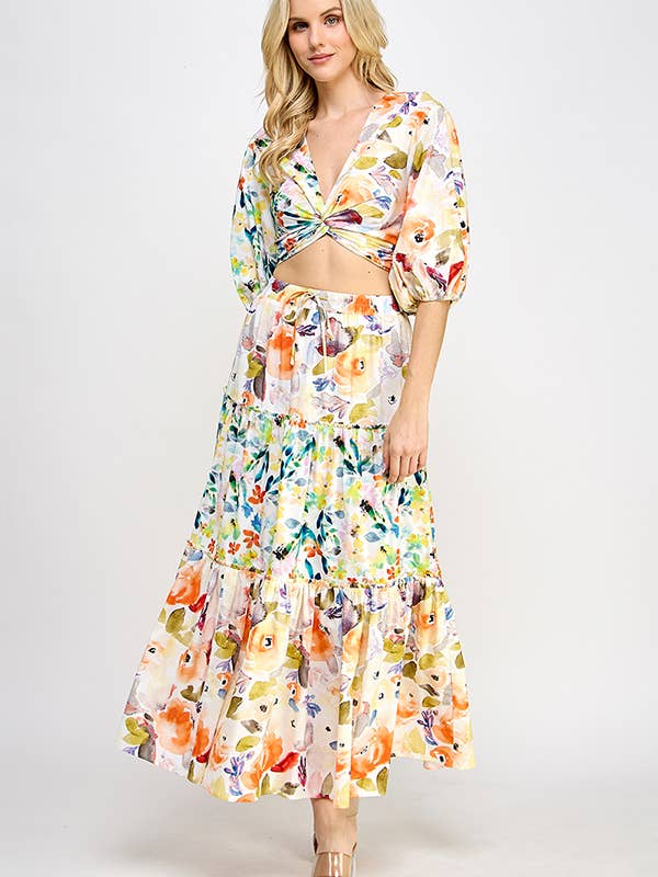 Crop Top and Maxi Skirt Set - Orange Multi Floral