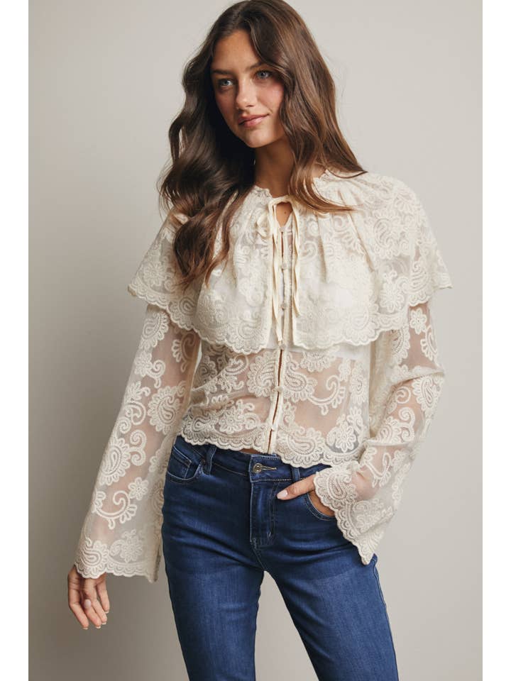 Sheer Embroidered Lace Blouse - Ecru