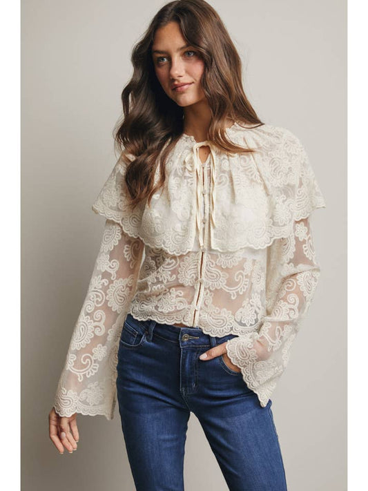 Sheer Embroidered Lace Blouse - Ecru