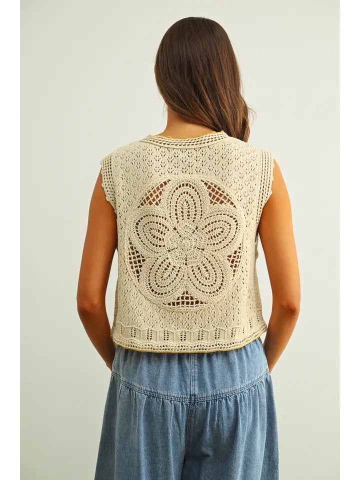 Tie Front Crochet Vest - Beige
