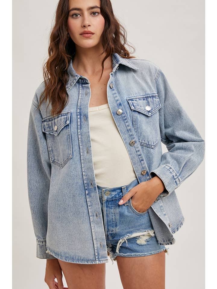 Washed Denim Shirt Jacket - Light Wash