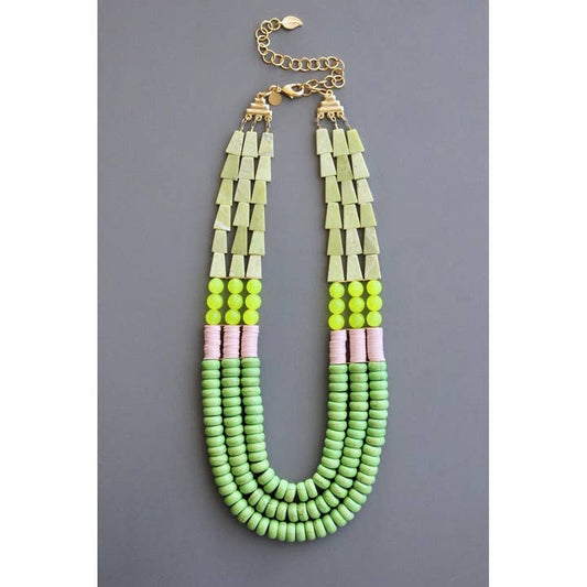 Triple Strand Necklace - Green and Yellow