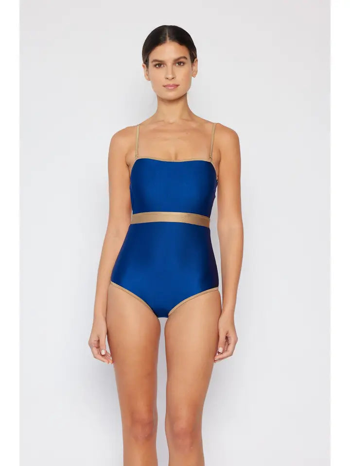 Contrast Banding Swimsuit - Shine Navy