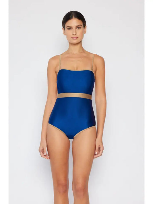Contrast Banding Swimsuit - Shine Navy
