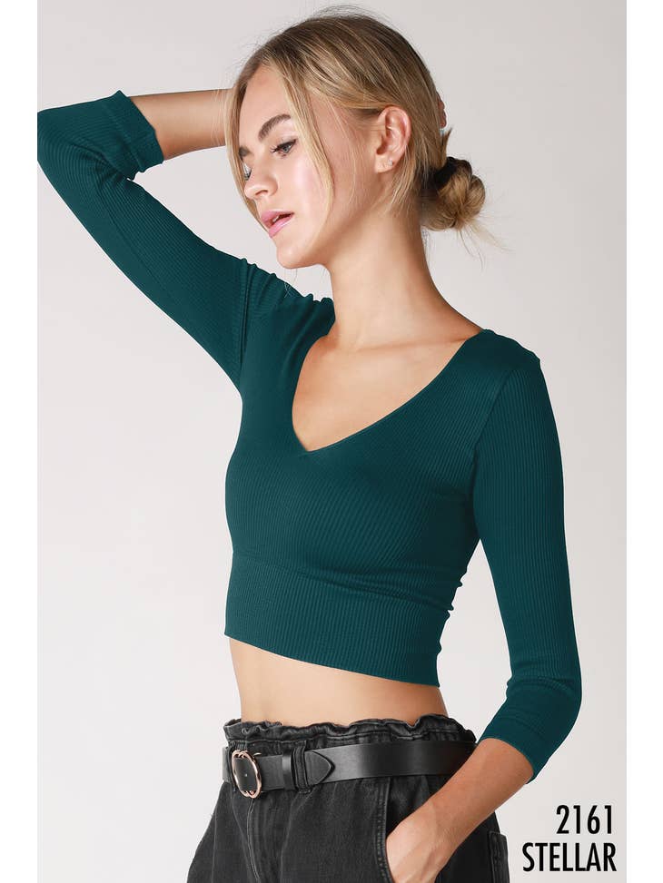 3/4 Sleeve V Neck Crop Top - Stellar