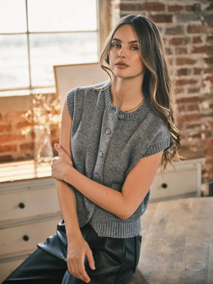 Button Down Sweater Vest Top - Grey