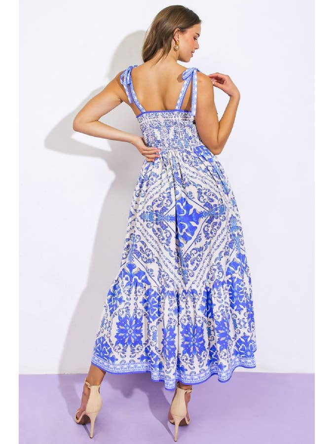 Printed Woven Midi Dress - Ivory Blue