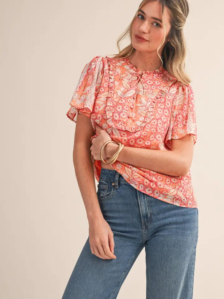 Floral Print Lace Trim Top - Orange Multi Floral
