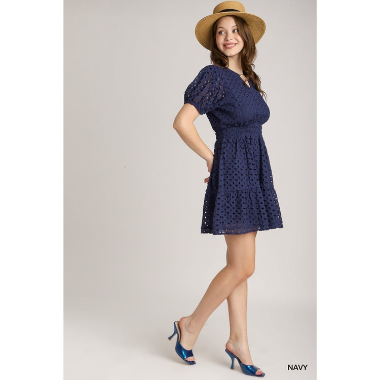 Puff Sleeve Lace Mini Dress - Navy