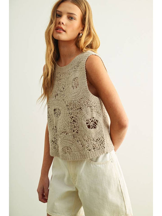 Floral Pattern Knitted Top - Stone