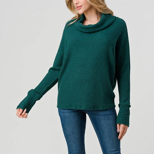 Brushed Knit Cowl Neck Tunic Top - Blue Green