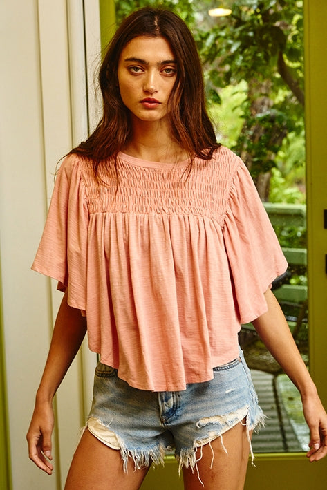 Flutter Sleeve Smocked Yoke Top - Salmon